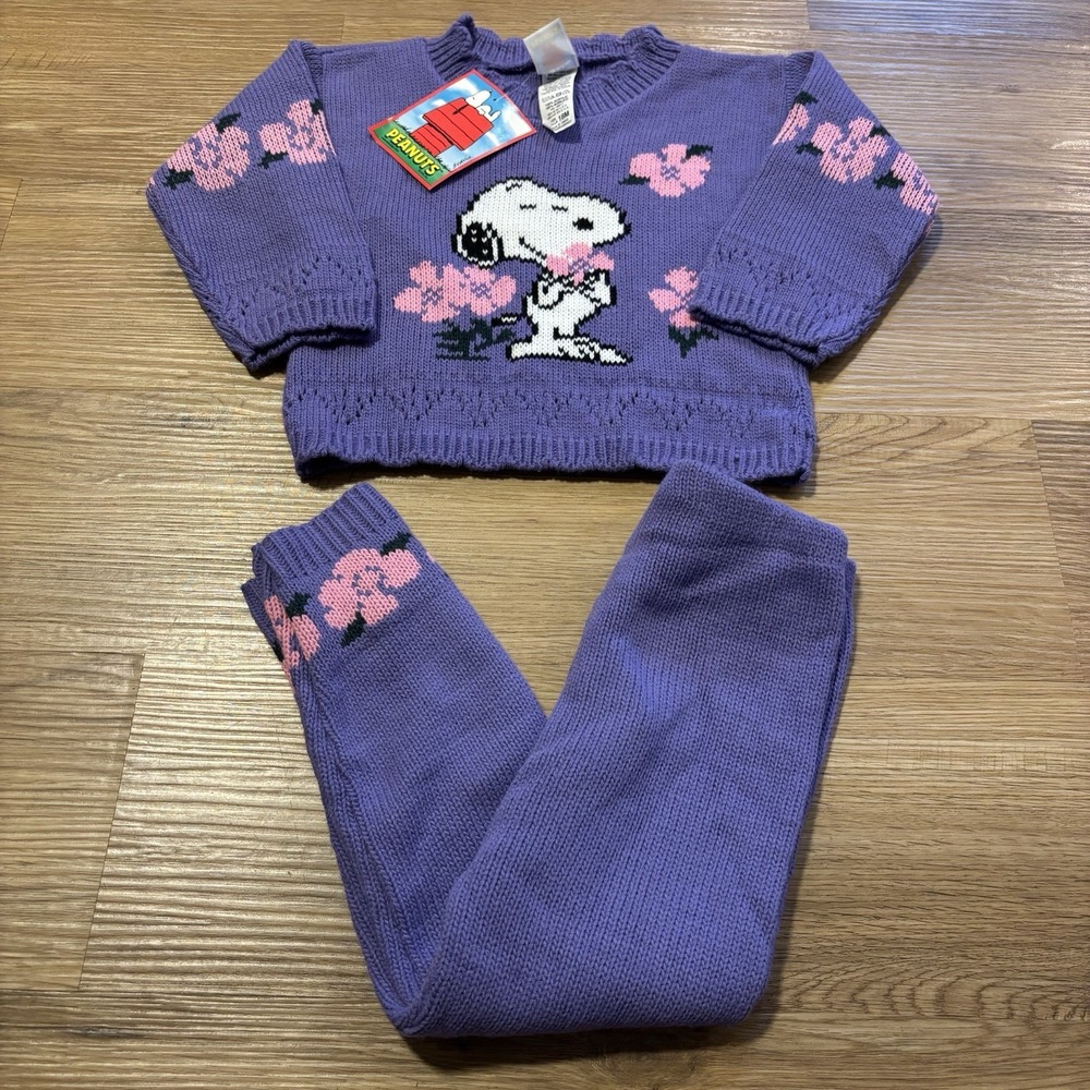VTG 90s Snoopy Peanuts Knit 2pc Set 18M Made in USA Purple Floral NOS Deadstock